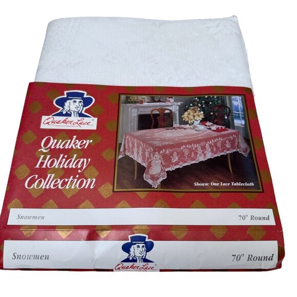 Holiday Quaker Lace Round Tablecloth 70" Round White Snowmen New Vintage - Picture 3 of 11